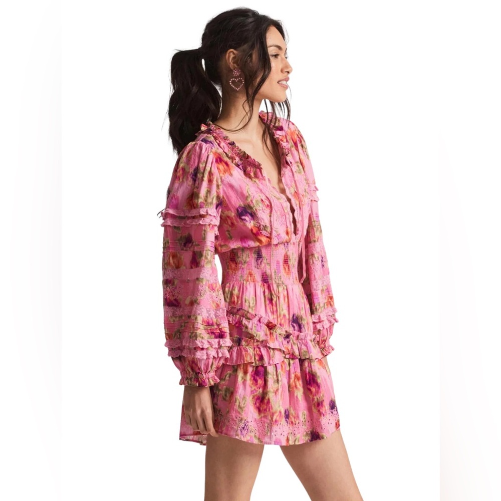 LoveShackFancy Clarkie Puff-Sleeve Embroidered Lace Mini Dress